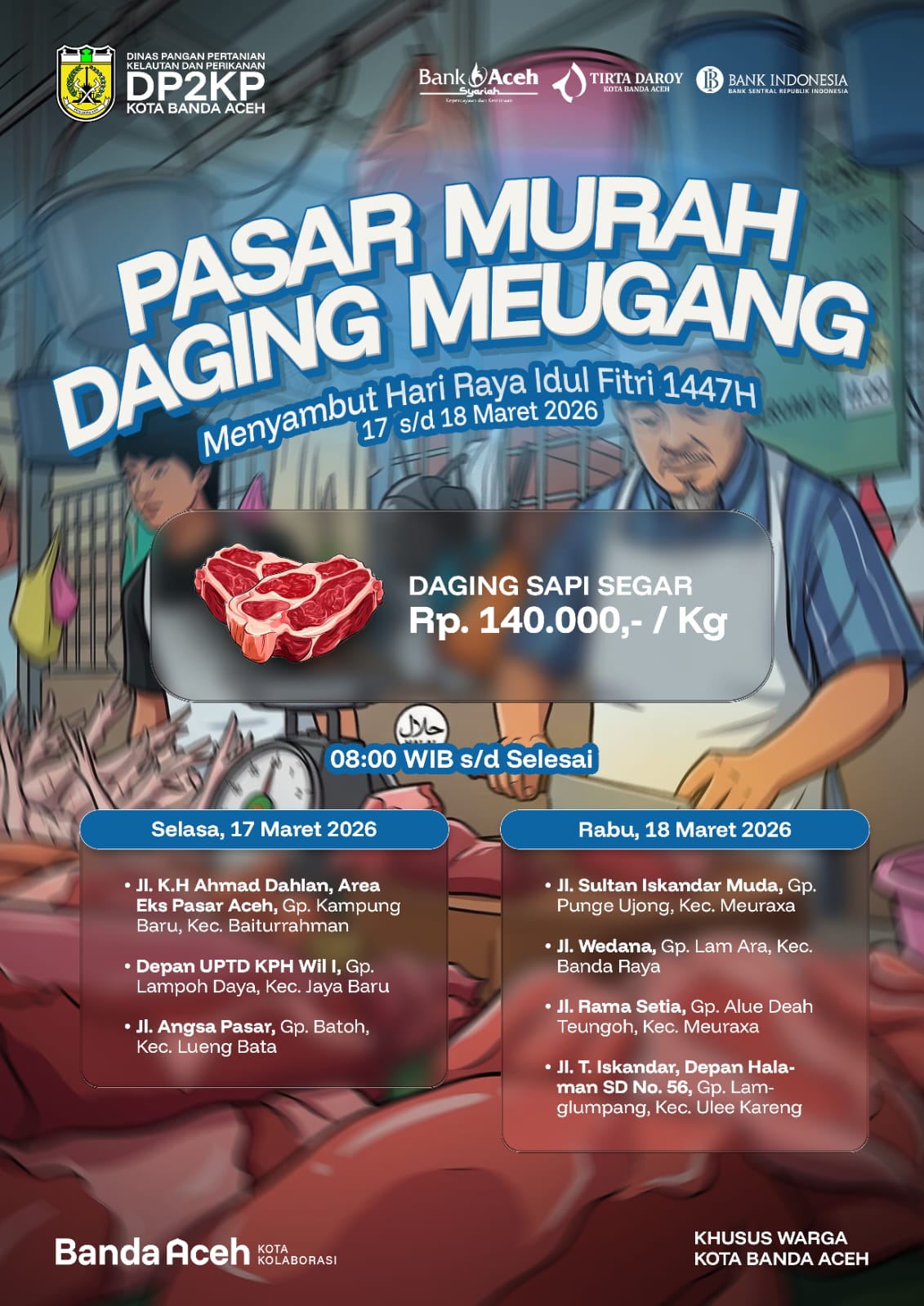 Pemerintah Kota Banda Aceh melalui Dinas Pangan Pertanian Kelautan dan Perikanan (DP2KP) menggelar pasar murah daging dalam rangka menyambut Hari Raya Idulfitri 1447 Hijriah. (Foto: Dok DP2KP Banda Aceh)
