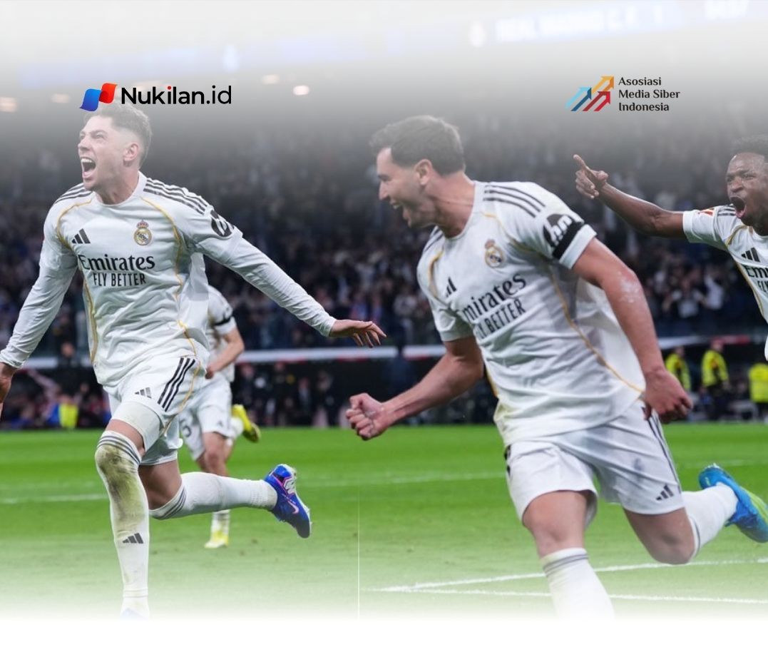 Skuad Real Madrid merayakan gol Federico Valverde ke gawang Atletico Madrid, Senin (23/3/2026) (Foto: AP Photo/Manu Fernandez)