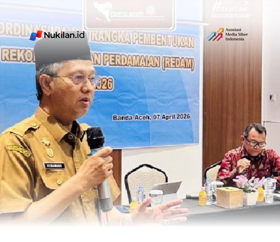 Kepala Dinas Pemberdayaan Masyarakat dan Gampong (DPMG) Aceh, Dr. H. Iskandar, AP, S.Sos, M.Si, menjadi narasumber dalam Rapat Koordinasi (Rakor) Pembentukan Gampong Rekonsiliasi Perdamaian (REDAM) Tahun 2026 yang digelar Kantor Wilayah KemenHAM Aceh, Selasa (7/4/2026). (Foto: For Nukilan)