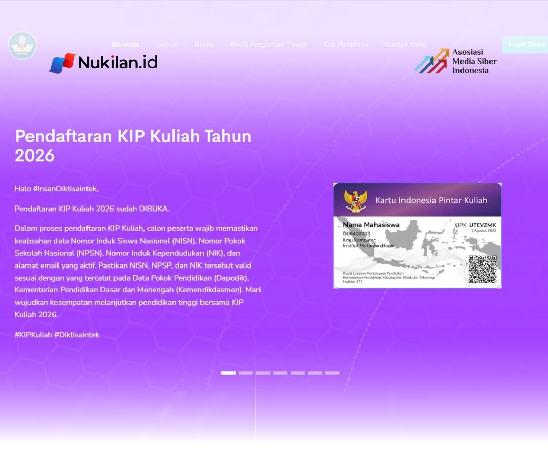 Tangkapan layar laman resmi Pendaftaran KIP Kuliah 2026 (Foto: Tangkapan layar)