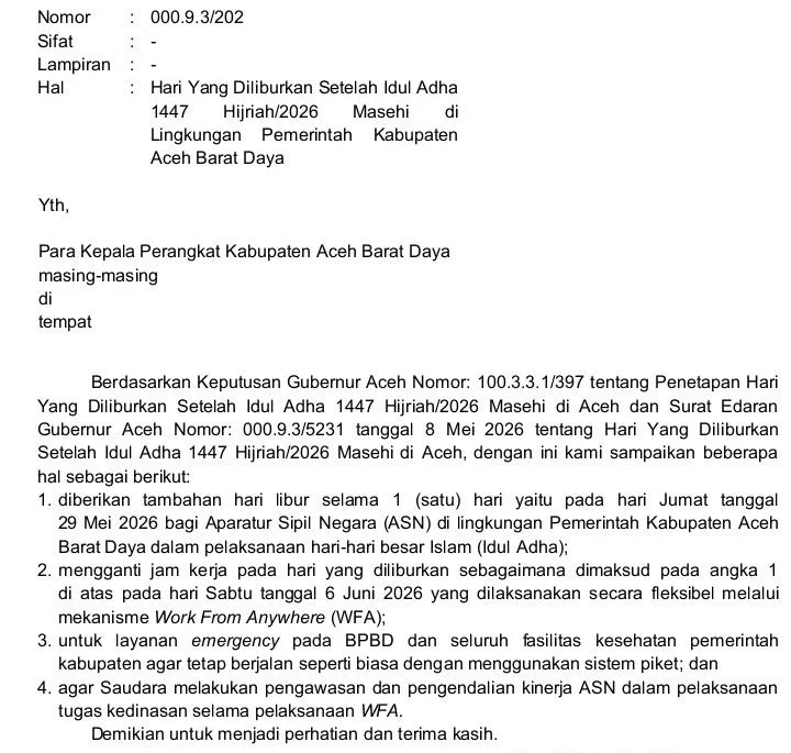 Surat pemberitahuan Pemerintah Kabupaten Aceh Barat Daya Nomor 000.9.3/202 tentang hari yang diliburkan setelah Iduladha 1447 Hijriah/2026 Masehi di lingkungan Pemerintah Kabupaten Aceh Barat Daya. (Foto: Dok Pemkab Abdya)