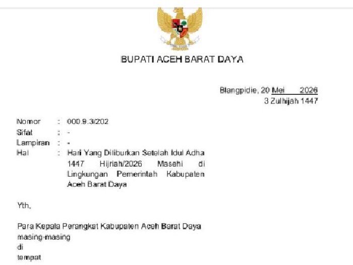 Surat Bupati Aceh Barat Daya tentang Hari yang Diliburkan Setelah Iduladha 1447 Hijriah/2026 Masehi.(Foto: Dok Pemkab Abdya)