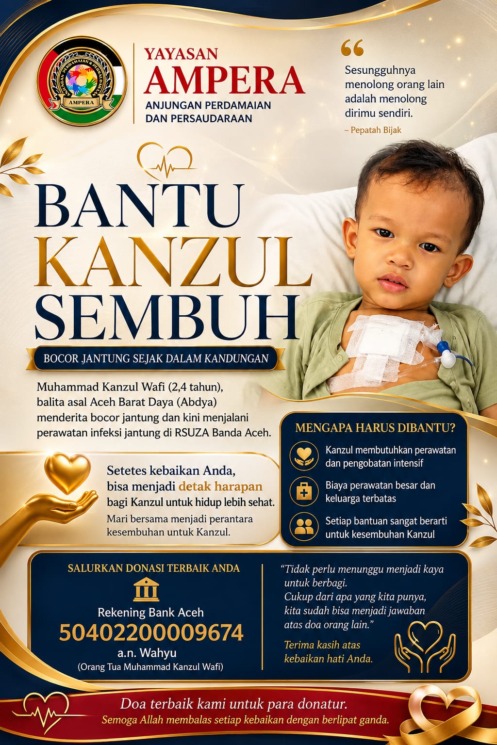 Poster penggalangan dana balita Abdya yang mengalami kebocoran jantung. (Foto: Dok Yayasan Ampera)
