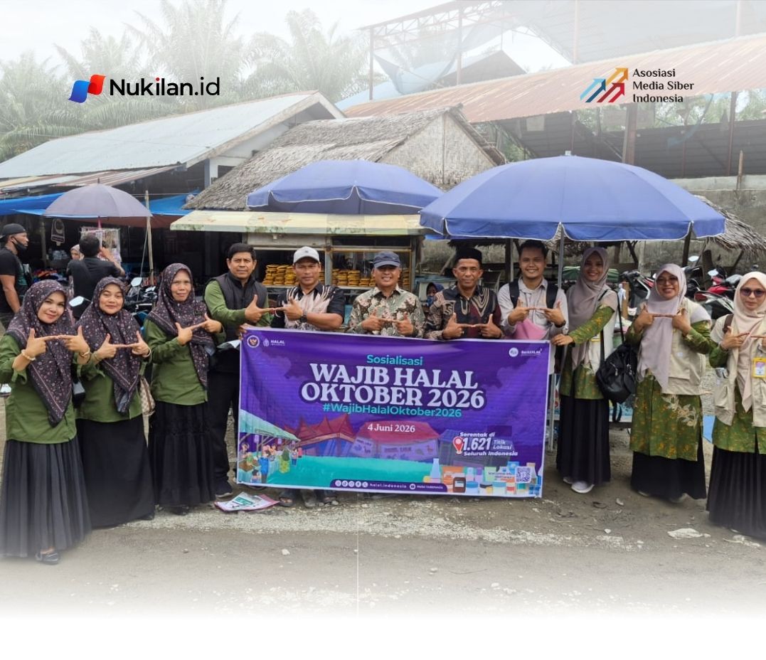 UPT Balai PJPH Sumut bersama Kantor Kementerian Agama (Kemenag) Kabupaten Nagan Raya menggelar sosialisasi Wajib Halal Oktober (WHO) 2026 di Pasar Arongan Socfindo, Kecamatan Kuala Pesisir, Kamis (4/6/2026). (Foto: For Nukilan)