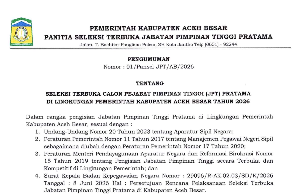 Seleksi terbuka Jabatan Pimpinan Tinggi (JPT) Pratama Pemkab Aceh Besar. (Foto: Tangkapan layar)