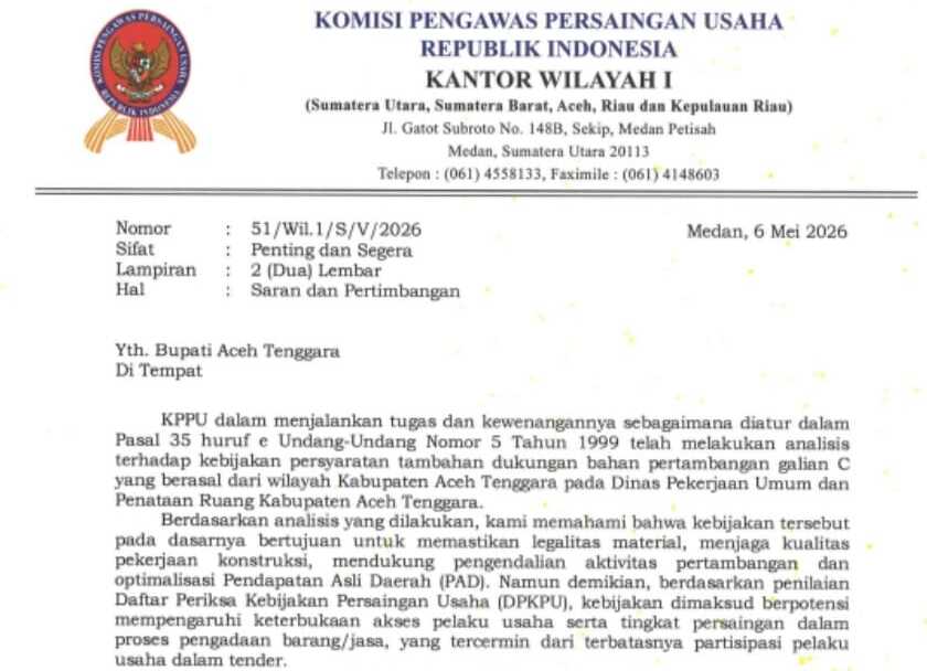 Surat KPPU Kantor Wilayah I Nomor 51/Wil.1/S/V/2026 tertanggal 6 Mei 2026 yang ditujukan kepada Bupati Aceh Tenggara. (Foto: Dok KPPU)