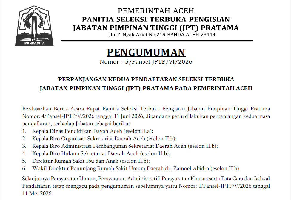 Pemerintah Aceh kembali memperpanjang masa pendaftaran Seleksi Terbuka JPT Pratama. (Foto: Dok Pansel)