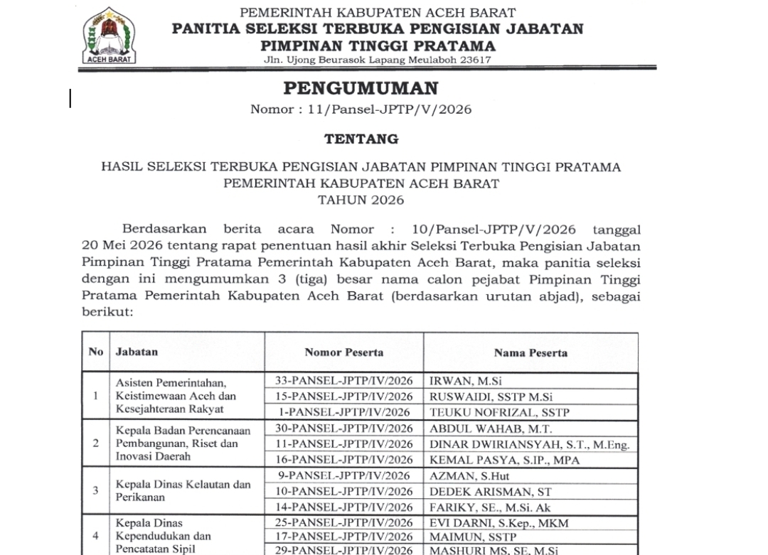 hasil akhir seleksi terbuka untuk 11 jabatan pimpinan tinggi pratama Pemkab Aceh Barat tahun 2026. (Foto: Dok Pemkab Aceh Barat)