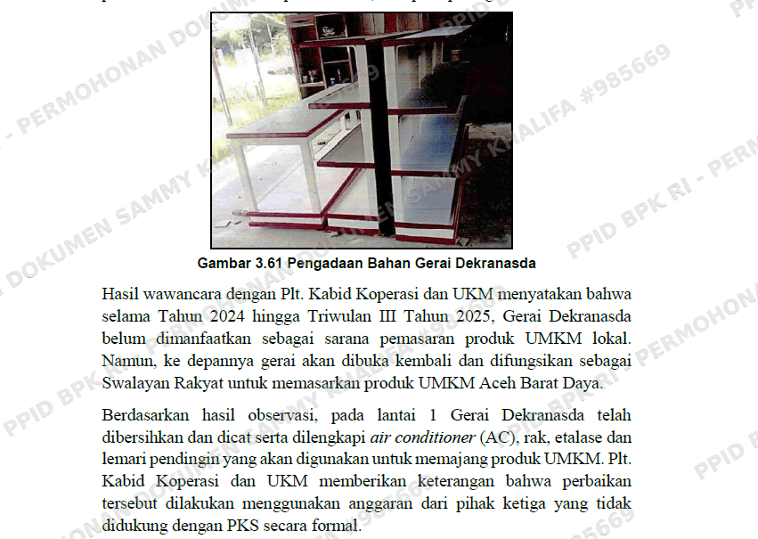 Temuan BPK terkait Gerai Dekranasda di Abdya. (Foto: Tangkapan layar LHP BPK)