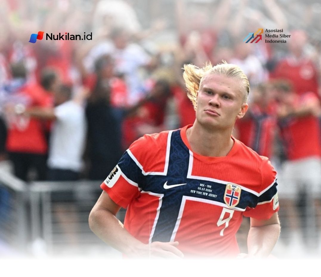 Ekspresi penyerang timnas Norwegia Erling Haaland usai mencetak gol ke gawang timnas Brasil dalam laga babak 16 besar Piala Dunia 2026 di New York/New Jersey Stadium, Amerika Serikat, pada Minggu (5/7/2026) waktu setempat. (Foto oleh Jewel Samad/AFP)(AFP/JEWEL SAMAD)