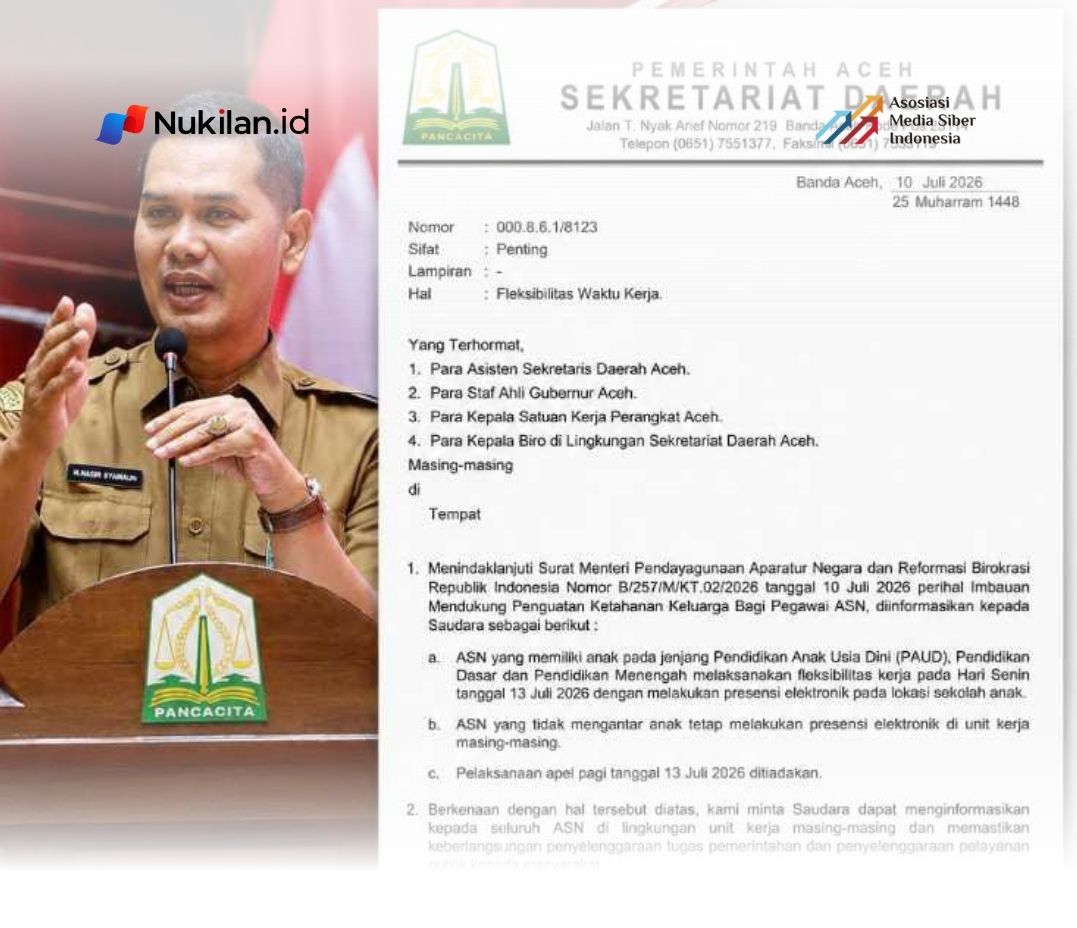 Pemerintah Aceh menetapkan kebijakan fleksibilitas waktu kerja bagi Aparatur Sipil Negara (ASN) yang memiliki anak usia sekolah pada hari pertama masuk sekolah, Senin, 13 Juli 2026. (Foto: For Nukilan)