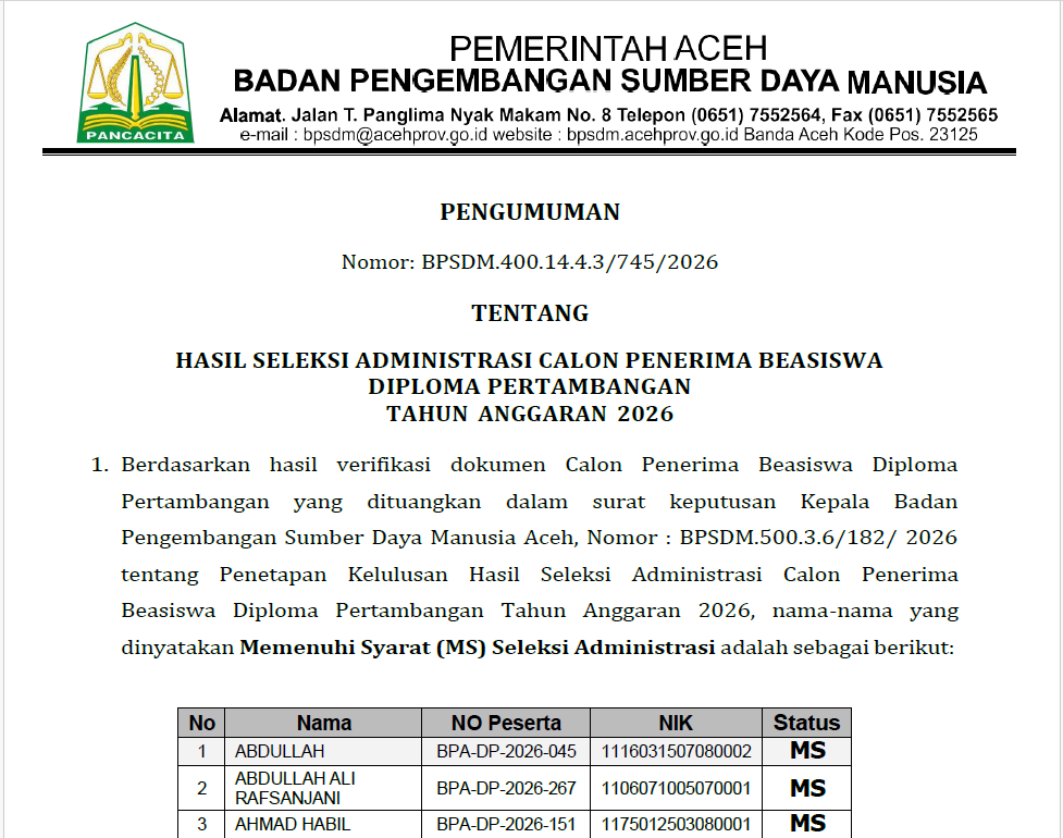 Pengumuman hasil seleksi administrasi Calon Penerima Beasiswa Diploma Pertambangan Tahun Anggaran 2026. (Foto: Tangkapan layar)