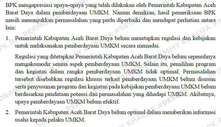 Temuan BPK terkait pemberdayaan UMKM Abdya selama 2024 hingga Triwulan III 2025. (Foto: Tangkapan layar LHP BPK)
