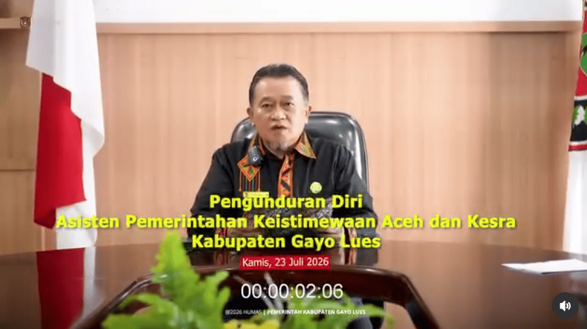 Video pengunduran diri Nevi Rizal dari jabatannya sebagai Asisten I Bidang Pemerintahan, Keistimewaan Aceh, dan Kesejahteraan Rakyat (Kesra) Sekretariat Daerah Kabupaten Gayo Lues. (Foto: Tangkapan layar akun Instagram @kominfogayolues)