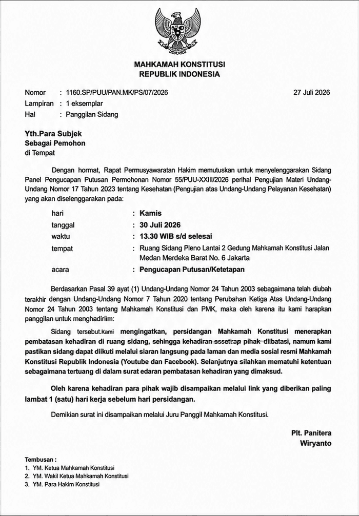 Surat panggilan sidang Mahkamah Konstitusi terkait gugatan Program Makan Bergizi Gratis (MBG). (Foto: Dok MK)