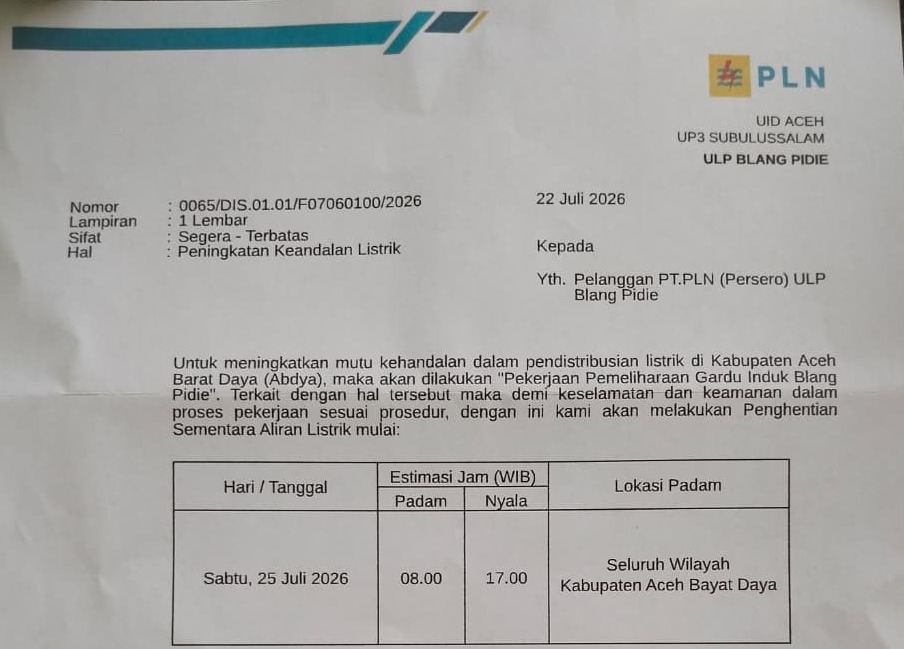 Surat pemberitahuan penghentian sementara aliran listrik di Kabupaten Abdya. (Foto: Dok pribadi)