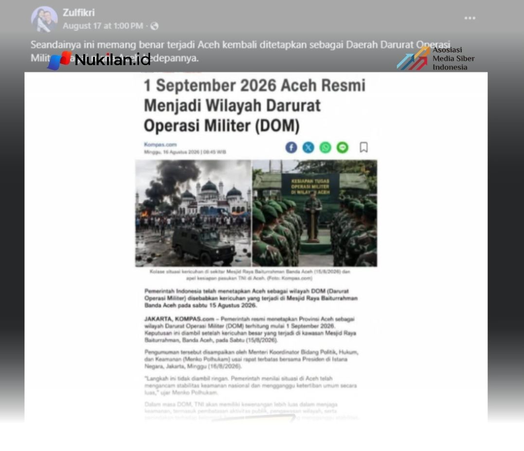 Beredar di media sosial sebuah tangkapan layar artikel yang mengatasnamakan Kompas.com dengan judul “1 September 2026 Aceh Resmi Menjadi Wilayah Darurat Operasi Militer (DOM)”. (Foto: Tangkapan Layar)