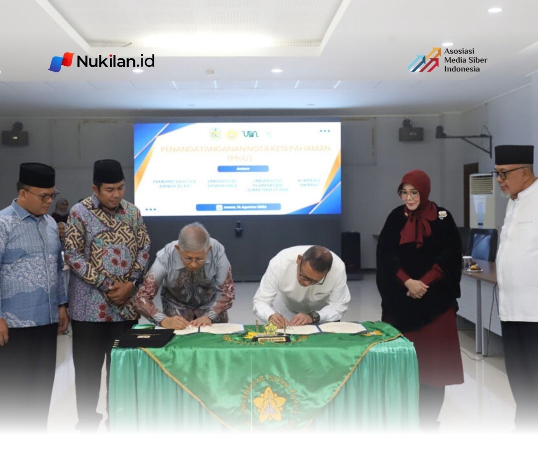 Universitas Syiah Kuala (USK) memperkuat kerja sama dengan Universitas Islam Negeri Sumatera Utara (UINSU), Pemerintah Kota Banda Aceh, dan Koperasi Produsen Himpunan Keluarga Makmurkan Aceh (Koperasi Hikmah) dengan penandatanganan Nota Kesepahaman (MoU) serta pembahasan sejumlah agenda di bidang pendidikan, pengembangan sumber daya manusia (SDM), dan penguatan ekonomi masyarakat di Balai Senat USK, Banda Aceh, Jumat (14/8/2026). (Foto: For Nukilan)