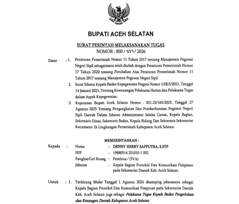 Surat penunjukan Denny Herry Safputra, S.STP sebagai Pelaksana Tugas (Plt) Kepala Badan Pengelolaan Keuangan Daerah (BPKD) Kabupaten Aceh Selatan. (Foto: Tangkapan layar)