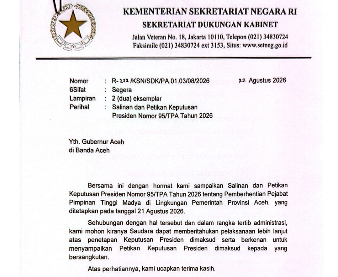 Dokumen Keputusan Presiden Nomor 95/TPA Tahun 2026 tentang pemberhentian M. Nasir dari jabatan Sekretaris Daerah (Sekda) Aceh. (Foto: Tangkapan layar)