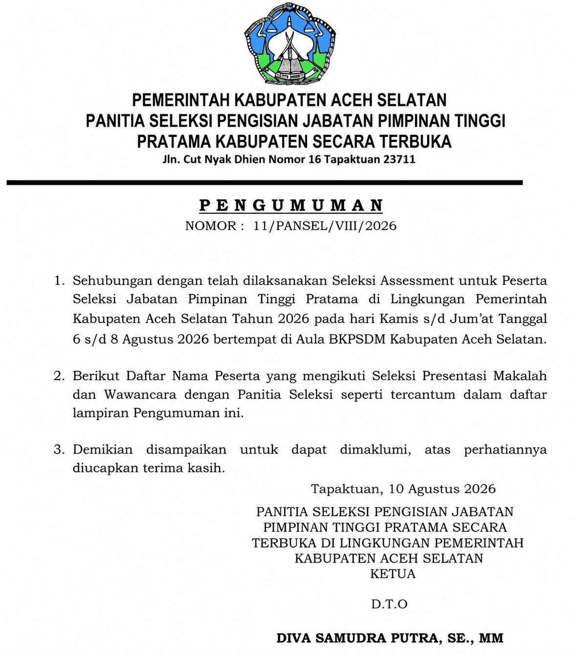 pengumuman Panitia Seleksi (Pansel) JPT Pratama Aceh Selatan Nomor 14/PANSEL/VIII/2026 yang ditandatangani Ketua Pansel, Diva Samudra Putra, di Tapaktuan pada 10 Agustus 2026. (Foto: Tangkapan layar)