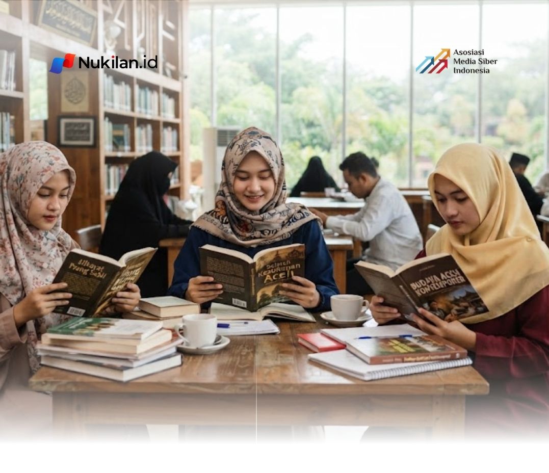 Ilustrasi perempuan sedang membaca buku di Perpustakaan. (Foto: Gemini AI)