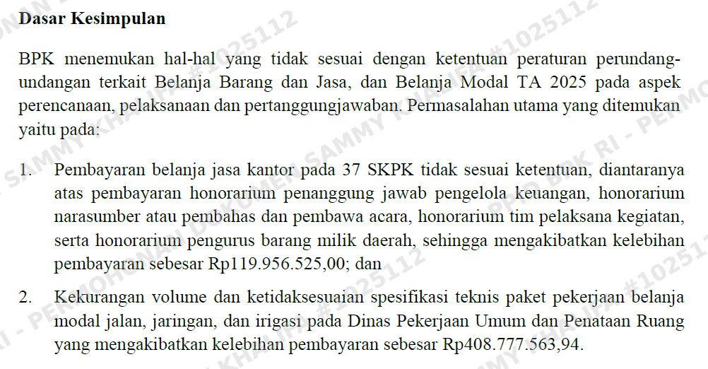 Dokumen Laporan Hasil Pemeriksaan Kepatuhan atas Belanja Barang dan Jasa serta Belanja Modal Pemerintah Kabupaten Bireuen Tahun Anggaran 2025. (Foto: Tangkapan layar)