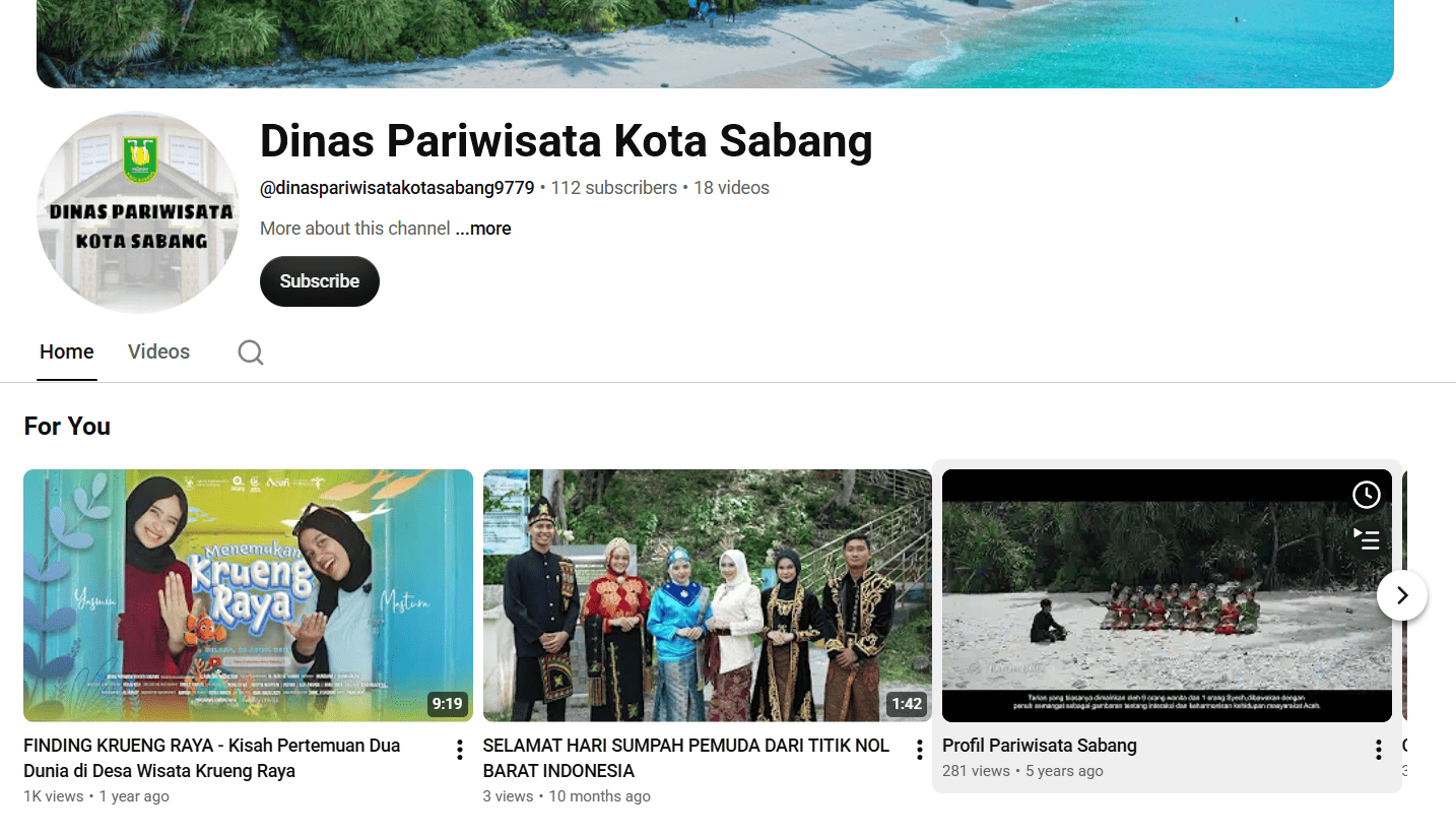 Akun YouTube Dinas Pariwisata Sabang. (Foto: Tangkapan layar)