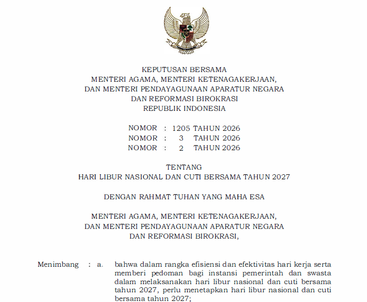 Surat  Keputusan Bersama (SKB) Menteri Agama, Menteri Ketenagakerjaan, dan Menteri Pendayagunaan Aparatur Negara dan Reformasi Birokrasi tentang Hari Libur Nasional dan Cuti Bersama Tahun 2027. (Foto: Tangkapan layar)
