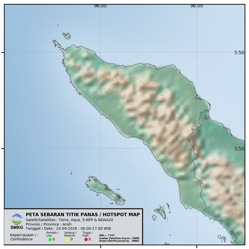 Peta Sebaran Titik Panas BMKG Aceh, 10 September 2026, periode 00.00–17.00 WIB. (Foto: Dok BMKG)