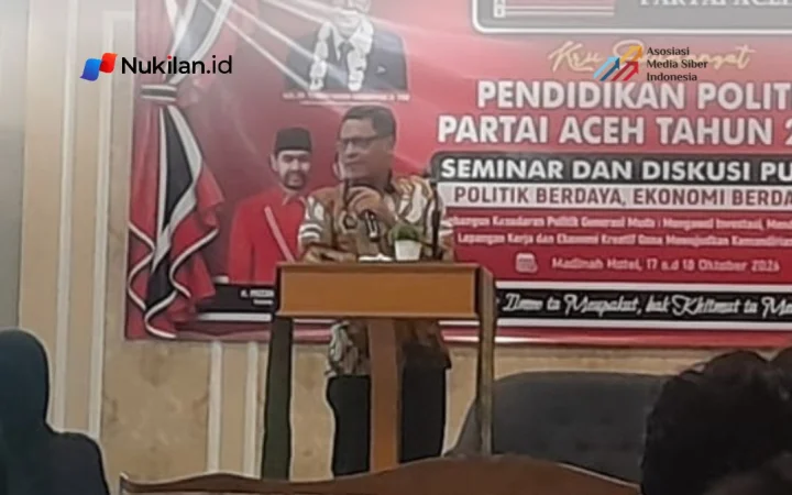 Akademisi dan ahli migas, Associate Prof. Dr. Nurdin MH, S.H., M.Hum., CPM., CPArb., CIPM., CICL, dalam Seminar dan Diskusi Publik Pendidikan Politik Partai Aceh Tahun 2026 di Hotel Madinah, Banda Aceh, Sabtu (17/10/2026). (Foto: Nukilan)