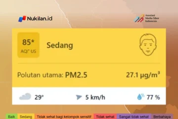 Kualitas udara di Tapaktuan, Kabupaten Aceh Selatan, berada pada kategori sedang dengan Indeks Kualitas Udara (AQI) sebesar 85 berdasarkan data IQAir pada 16 Oktober 2026 pukul 10.00. (FOTO: TANGKAPAN LAYAR/NUKILAN)