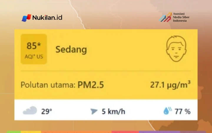 Kualitas udara di Tapaktuan, Kabupaten Aceh Selatan, berada pada kategori sedang dengan Indeks Kualitas Udara (AQI) sebesar 85 berdasarkan data IQAir pada 16 Oktober 2026 pukul 10.00. (FOTO: TANGKAPAN LAYAR/NUKILAN)