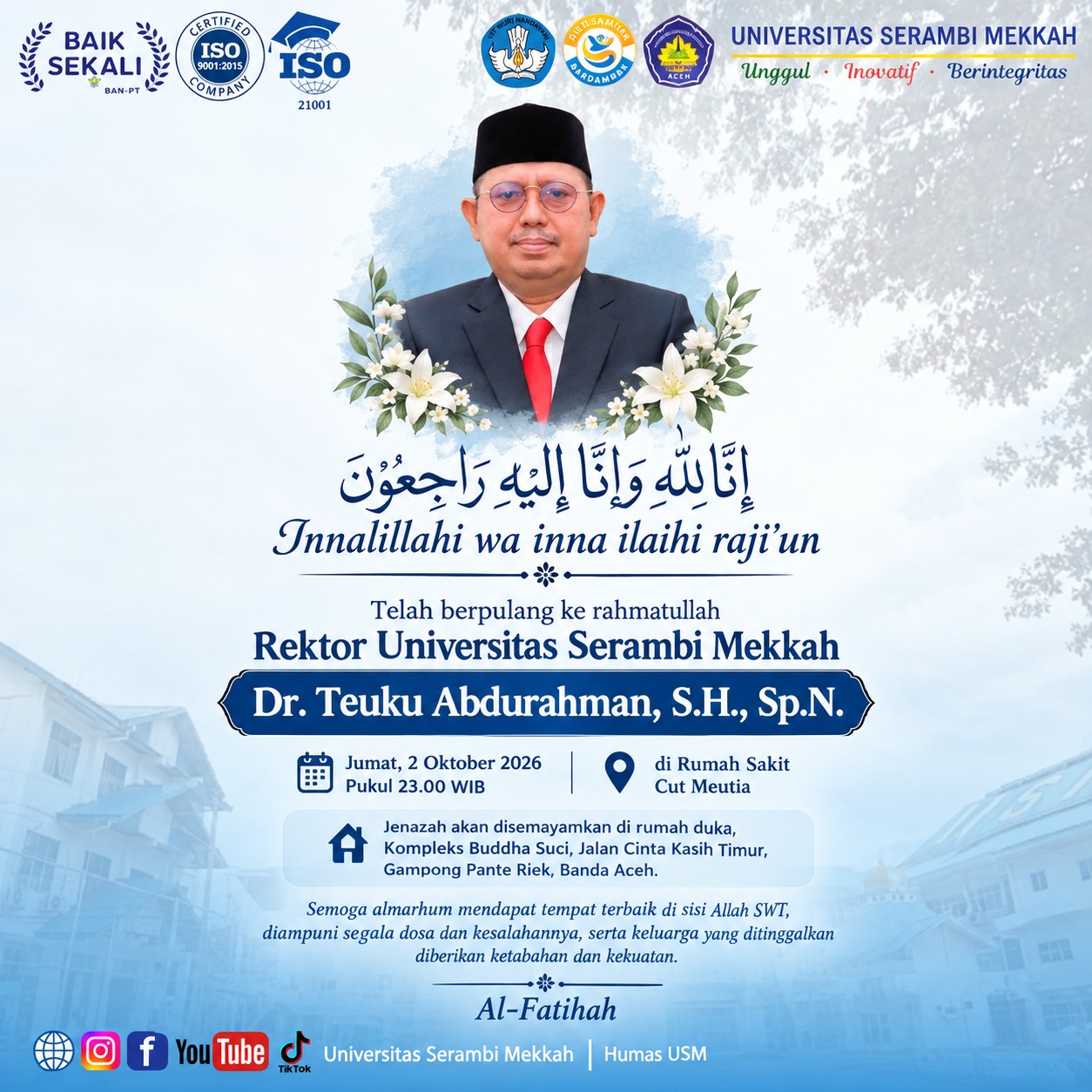 Falyer turut berduka cita atas meninggalnya Rektor Universitas Serambi Mekkah Teuku Abdurahman. (Foto: For Nukilan)
