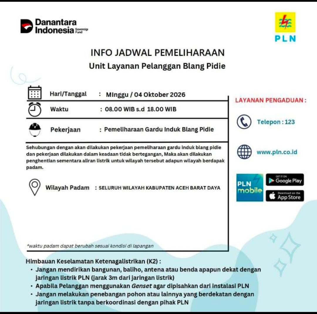 Pengumuman pemadaman listrik di Abdya. (Foto: Dok ULP Blang Pidie)