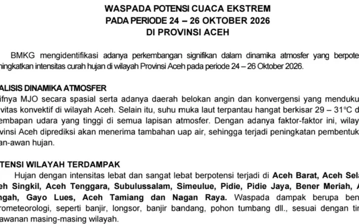 Peringatan cuaca ekstrem di Aceh. (Foto: Dok BMKG)